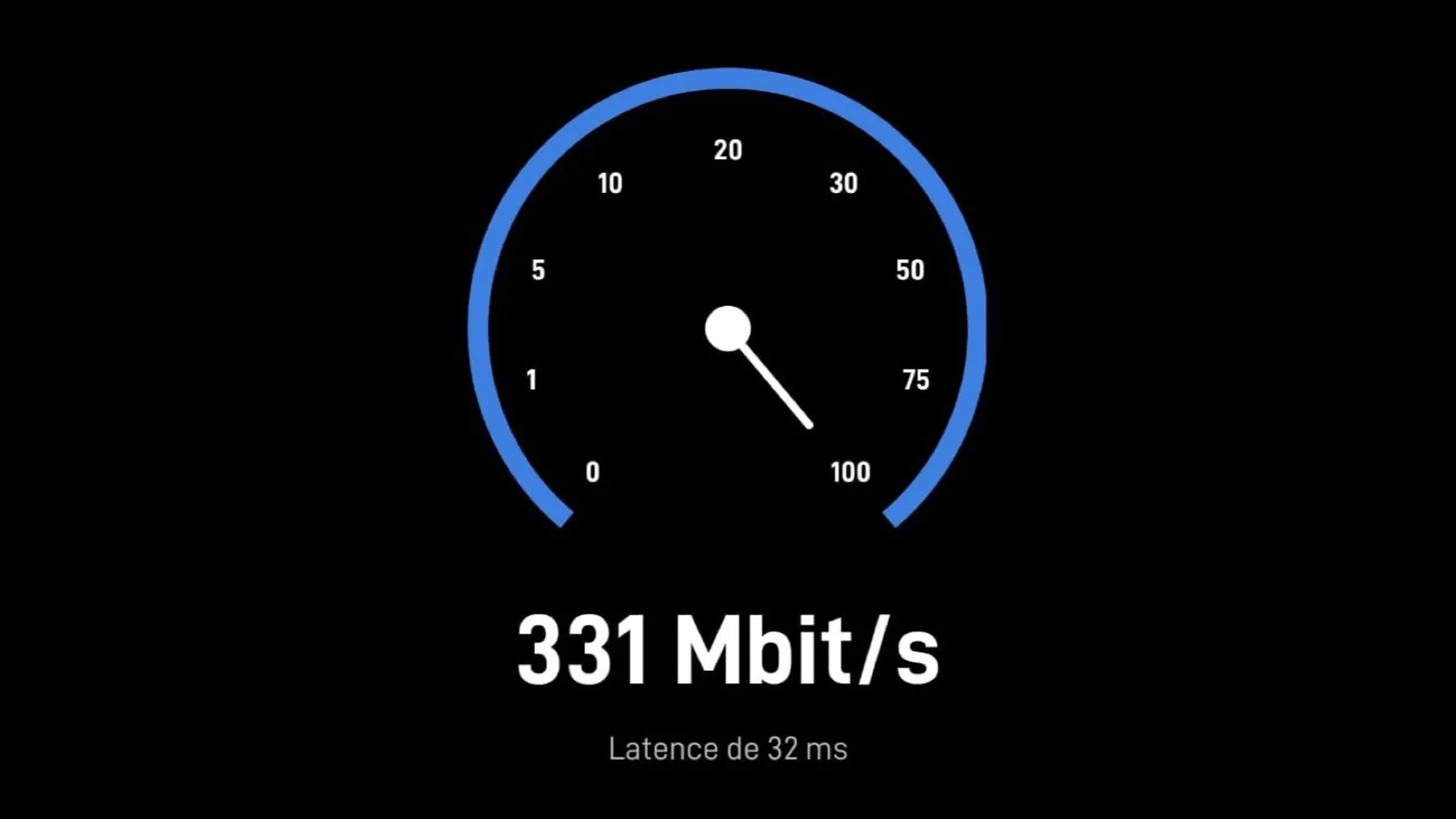 Résultat d'un test de débit en Wi-Fi sur un téléphone : 331 Mbit/s, latence de 32 ms