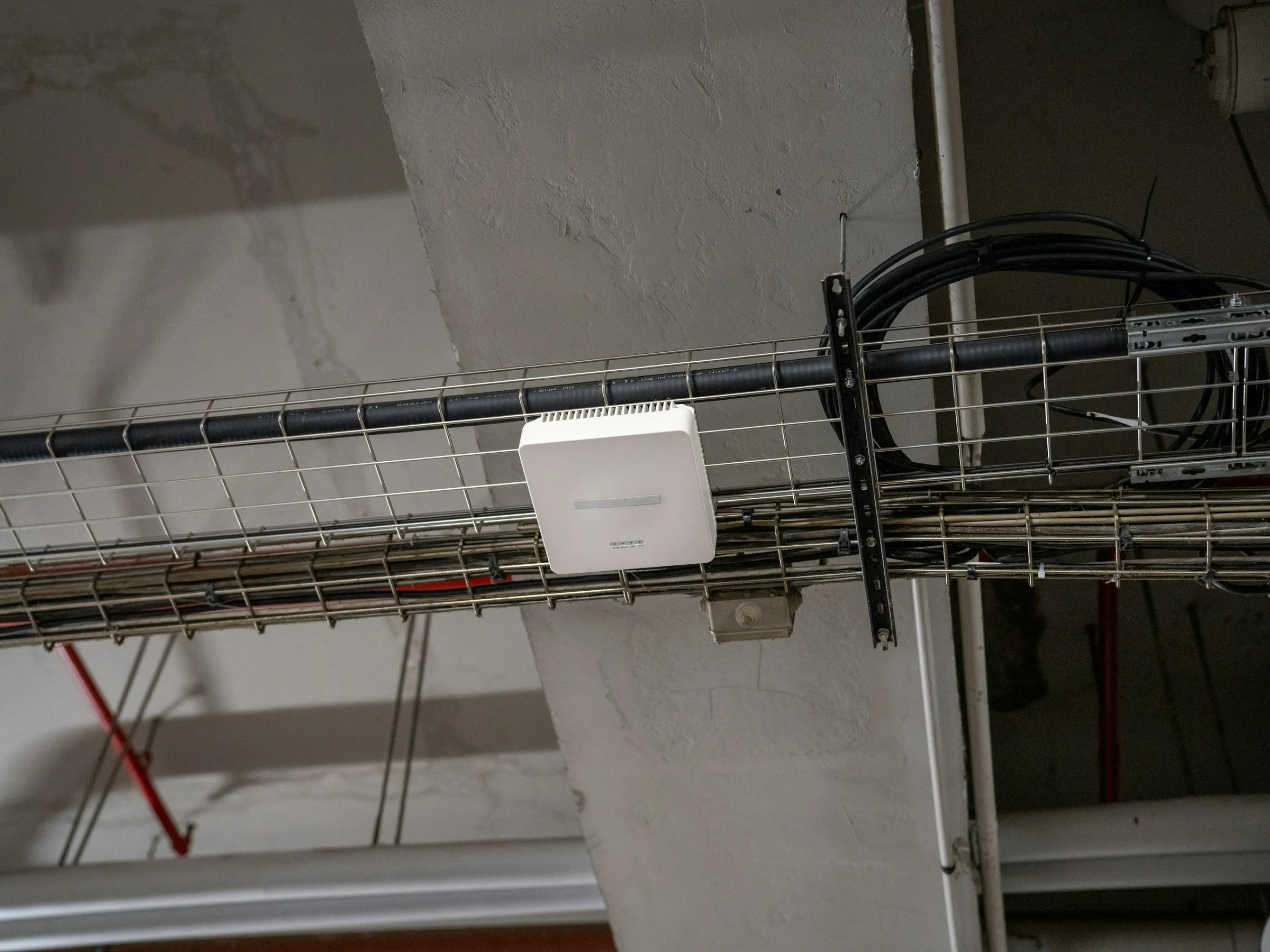 Borne Wi-Fi blanche fixée sur un chemin de câbles, sous un plafond industriel